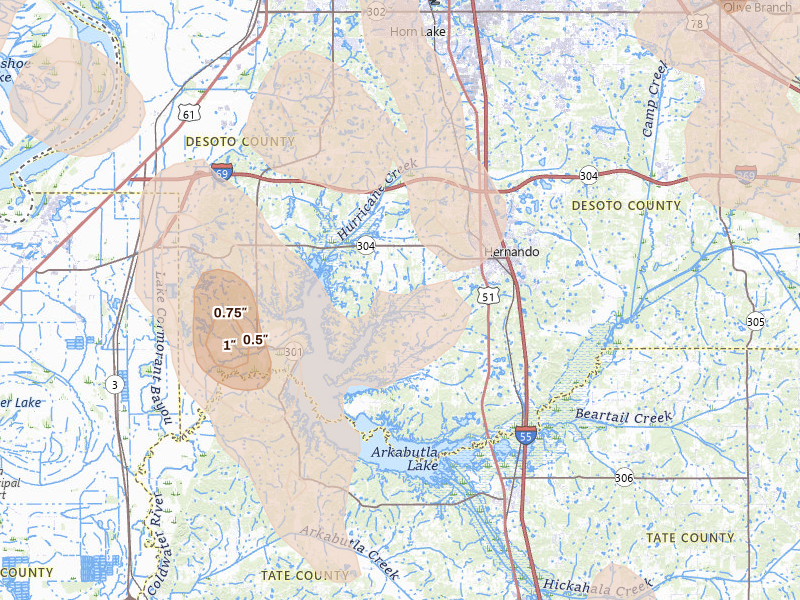 Radar-estimated hail-size map of the storm over Hernando, MS on Jun 1, 2026