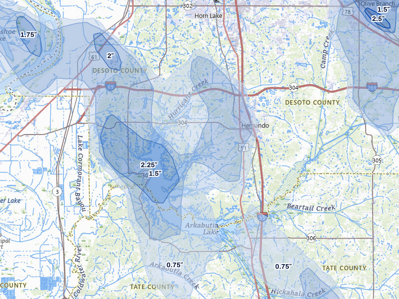 NEXRAD radar-signature map of the hail storm over Hernando, MS on Jun 1, 2026
