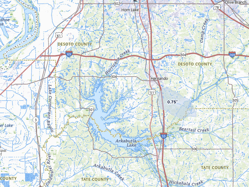 NEXRAD radar-signature map of the hail storm over Hernando, MS on Jul 10, 2026