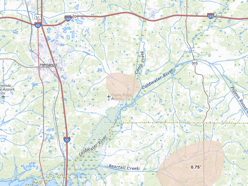 Radar-estimated hail-size map of the storm over Hernando, MS on Aug 8, 2026