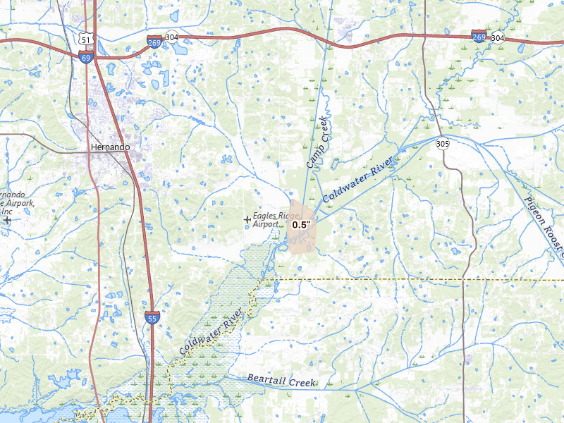 Radar-estimated hail-size map of the storm over Hernando, MS