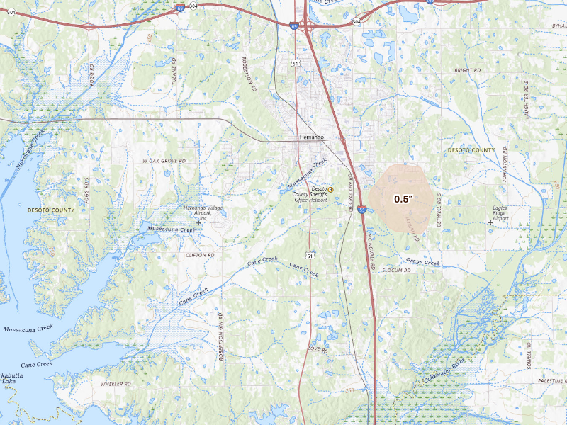 Radar-estimated hail-size map of the storm over Hernando, MS