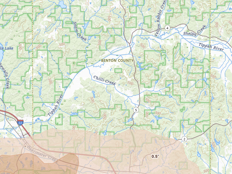Radar-estimated hail-size map of the storm over Hickory Flat, MS on Apr 27, 2026