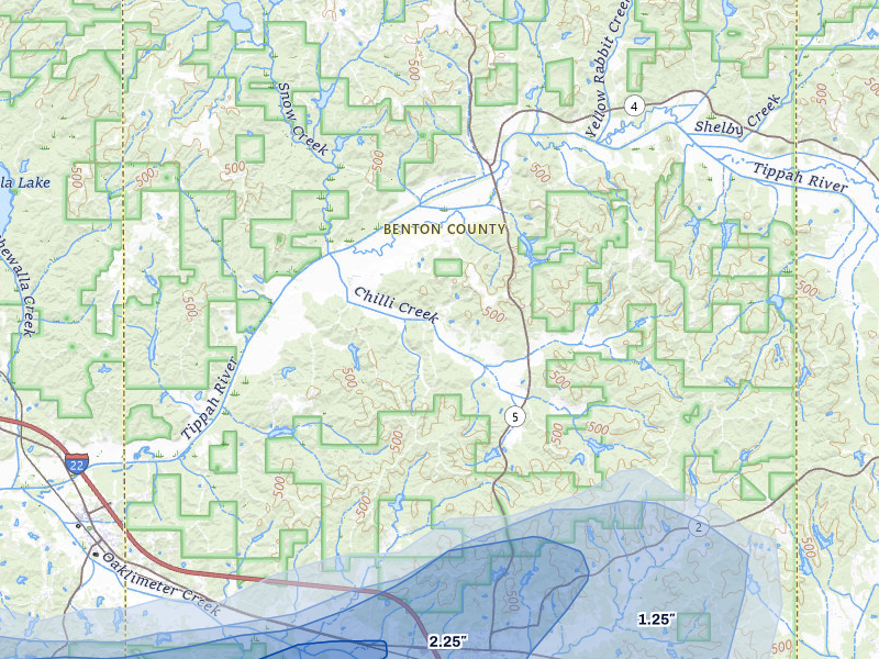 NEXRAD radar-signature map of the hail storm over Hickory Flat, MS on Apr 27, 2026