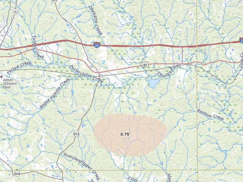 Radar-estimated hail-size map of the storm over Hickory, MS on Jun 1, 2026