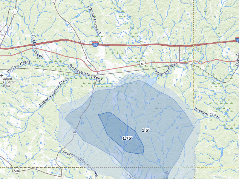 NEXRAD radar-signature map of the hail over Hickory, MS