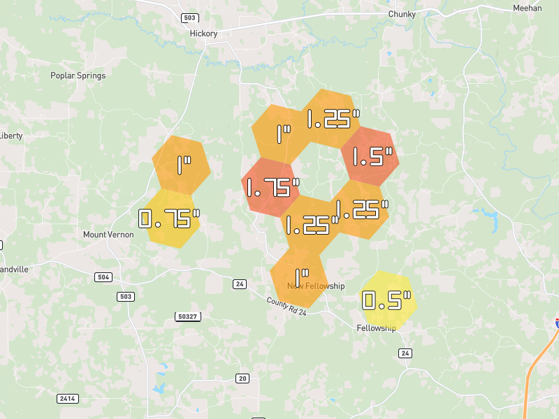 Hail map of Hickory, MS on Jun 1, 2026, hail up to 1.75"