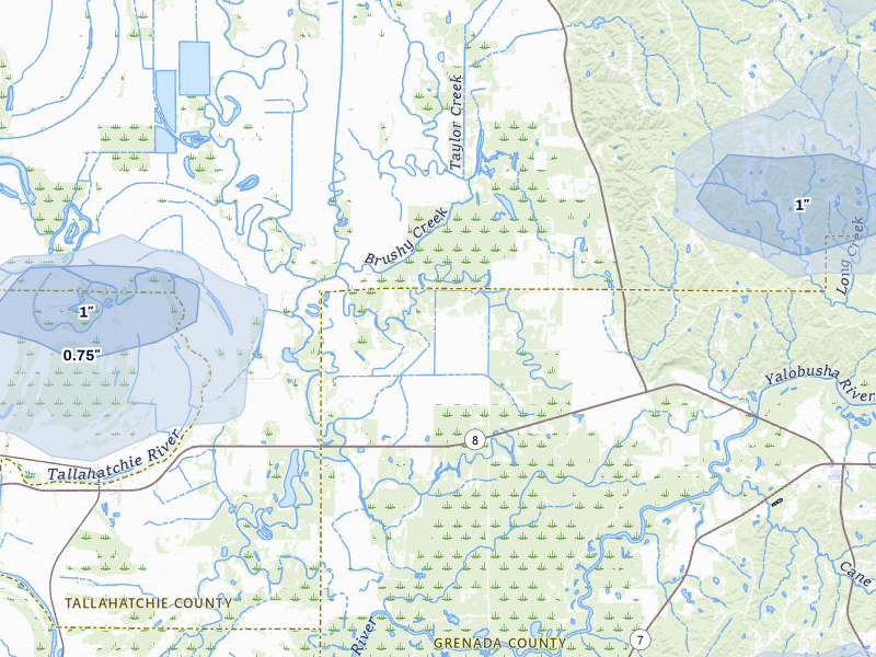 NEXRAD radar-signature map of the hail storm over Holcomb, MS on Apr 28, 2026
