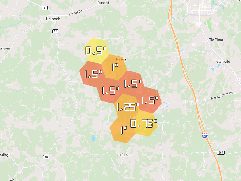Hail map of Holcomb, MS on Jun 2, 2026, hail up to 1.5"