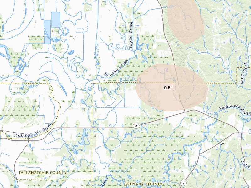 Radar-estimated hail-size map of the storm over Holcomb, MS on Jun 19, 2026