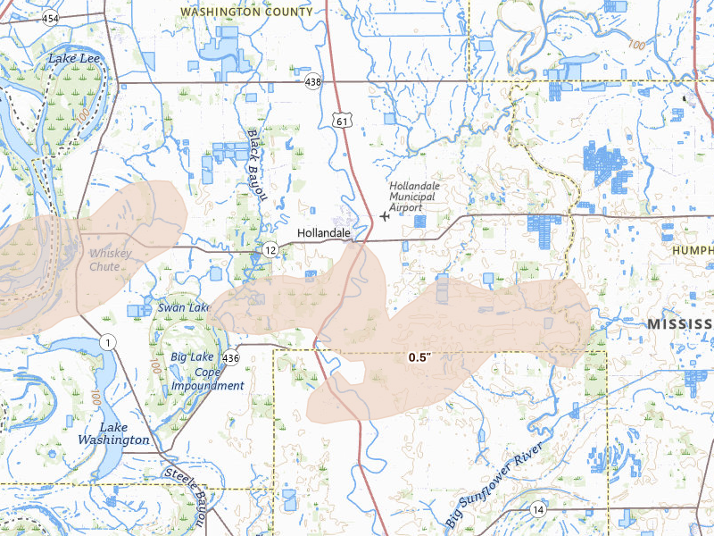 Radar-estimated hail-size map of the storm over Hollandale, MS on Mar 15, 2026