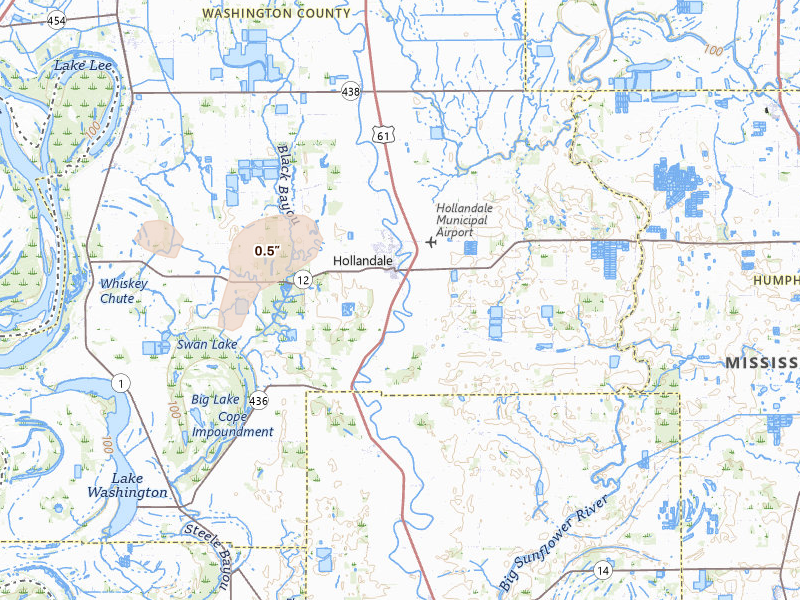 Radar-estimated hail-size map of the storm over Hollandale, MS on May 22, 2026