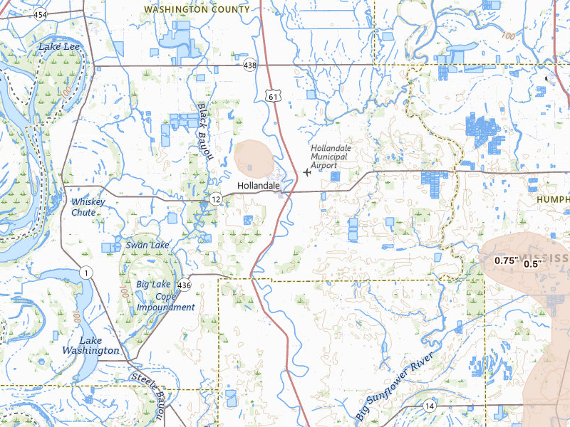 Radar-estimated hail-size map of the storm over Hollandale, MS on Jun 1, 2026