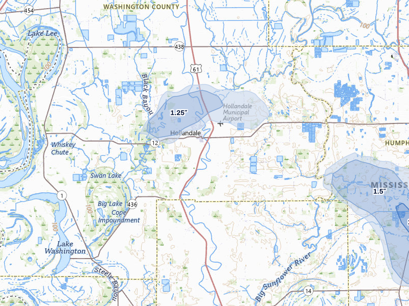 NEXRAD radar-signature map of the hail storm over Hollandale, MS on Jun 1, 2026