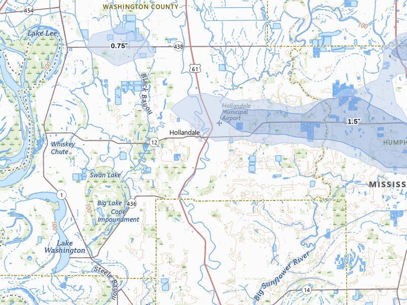 NEXRAD radar-signature map of the hail storm over Hollandale, MS on Jul 1, 2026