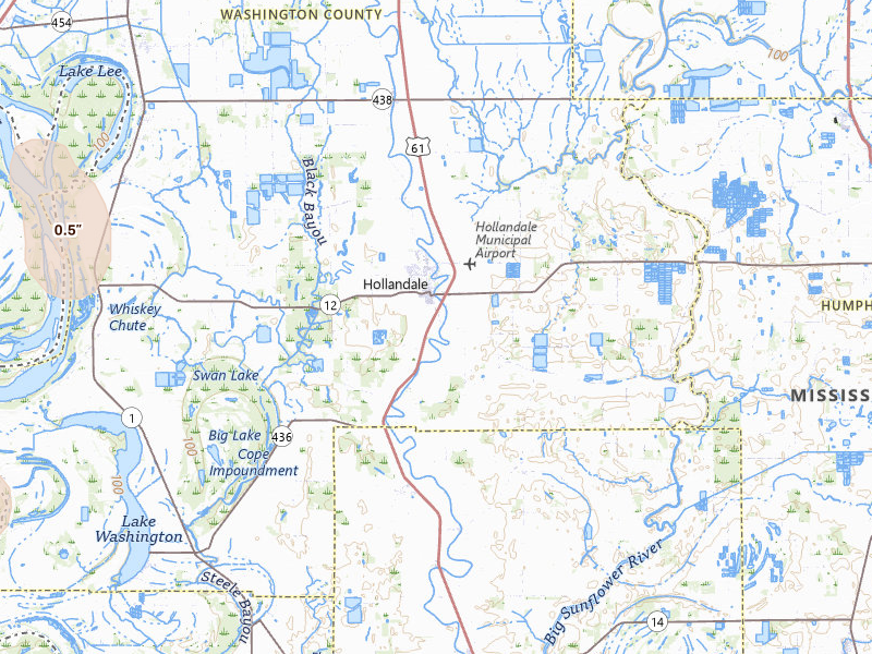 Radar-estimated hail-size map of the storm over Hollandale, MS on Jul 8, 2026