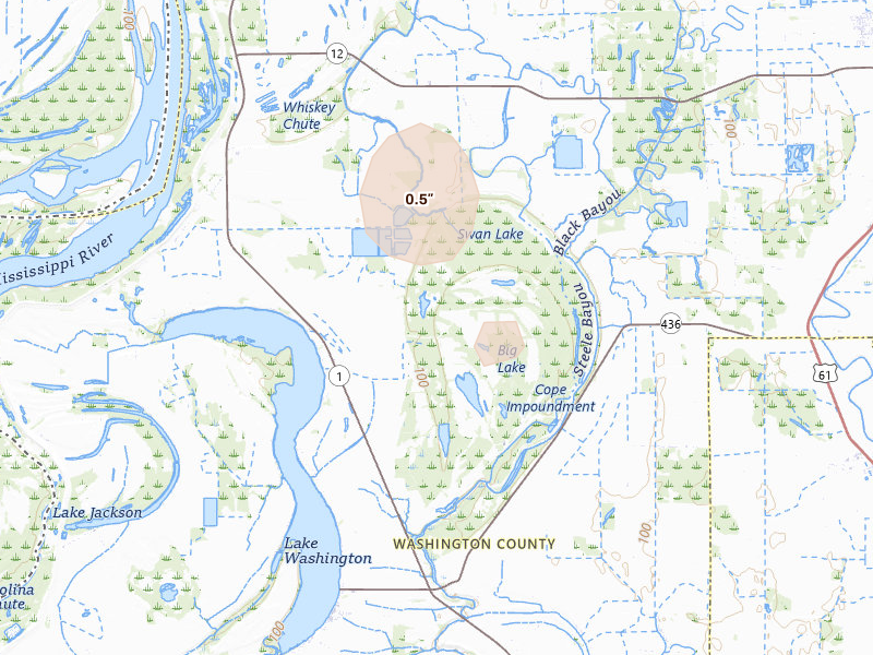 Radar-estimated hail-size map of the storm over Hollandale, MS on Aug 7, 2026