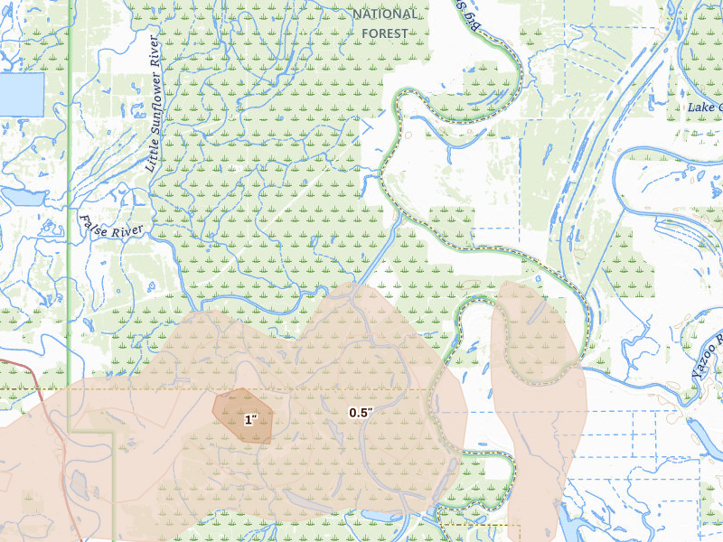 Radar-estimated hail-size map of the storm over Holly Bluff, MS on Apr 28, 2026