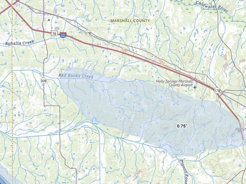 NEXRAD radar-signature map of the hail over Holly Springs, MS