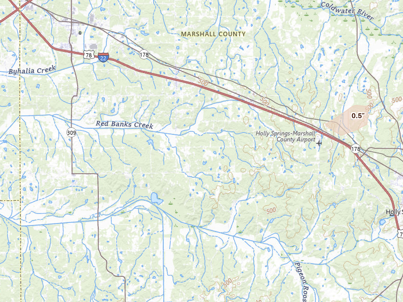 Radar-estimated hail-size map of the storm over Holly Springs, MS on Apr 27, 2026