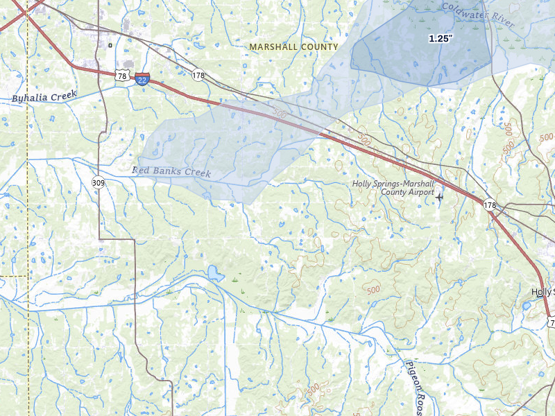 NEXRAD radar-signature map of the hail storm over Holly Springs, MS on Apr 28, 2026