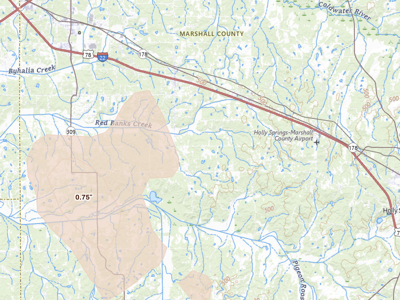 Radar-estimated hail-size map of the storm over Holly Springs, MS on Jun 1, 2026