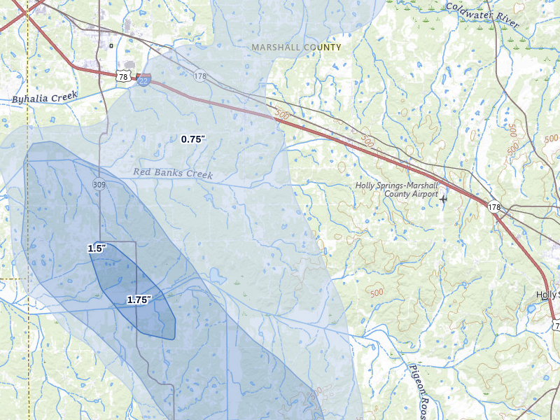 NEXRAD radar-signature map of the hail storm over Holly Springs, MS on Jun 1, 2026