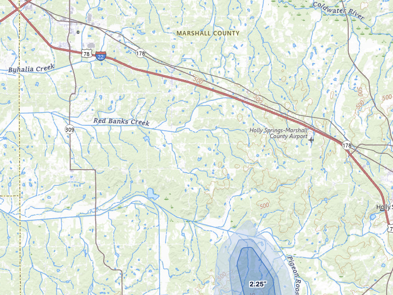 NEXRAD radar-signature map of the hail storm over Holly Springs, MS on Jul 1, 2026