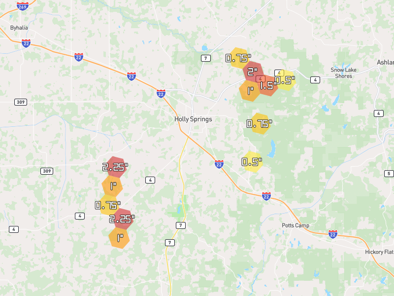 Hail map of Holly Springs, MS on Jul 1, 2026, hail up to 2.25"