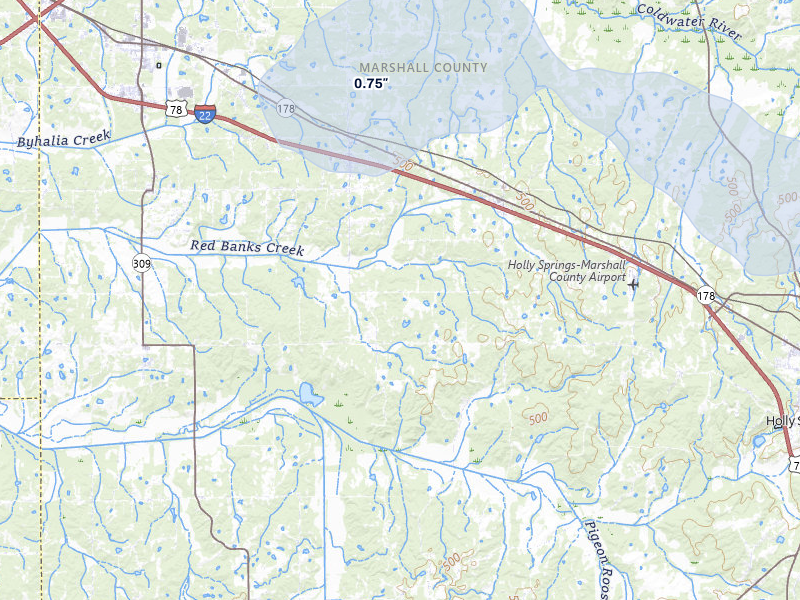 NEXRAD radar-signature map of the hail storm over Holly Springs, MS on Jul 8, 2026