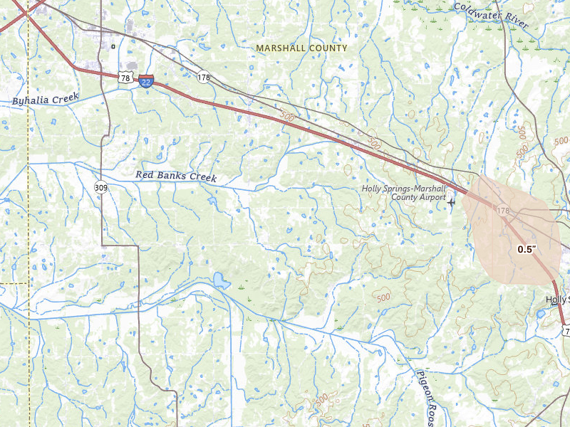 Radar-estimated hail-size map of the storm over Holly Springs, MS on Jul 31, 2026