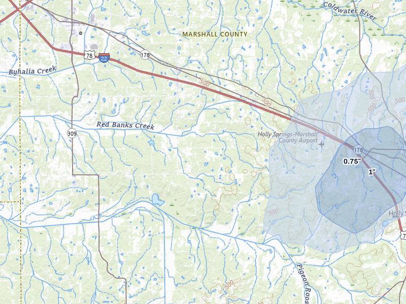 NEXRAD radar-signature map of the hail storm over Holly Springs, MS on Jul 31, 2026