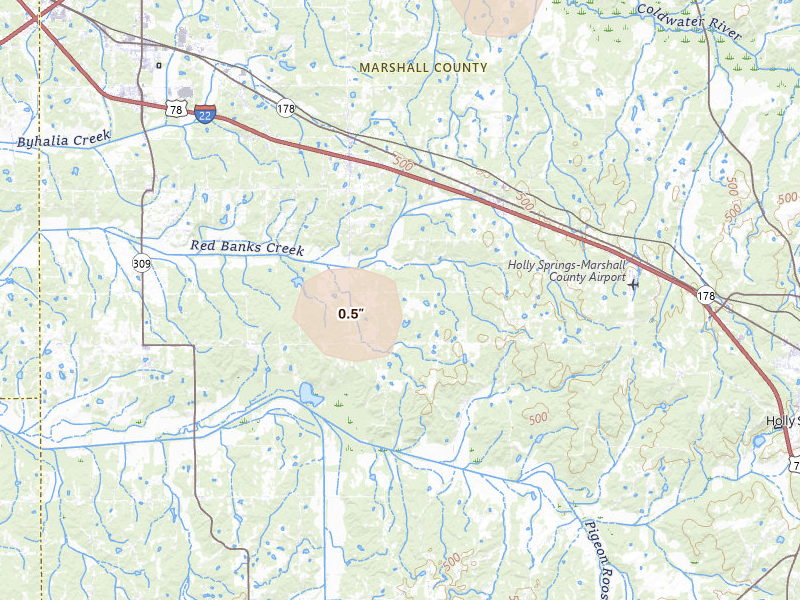 Radar-estimated hail-size map of the storm over Holly Springs, MS on Aug 17, 2026