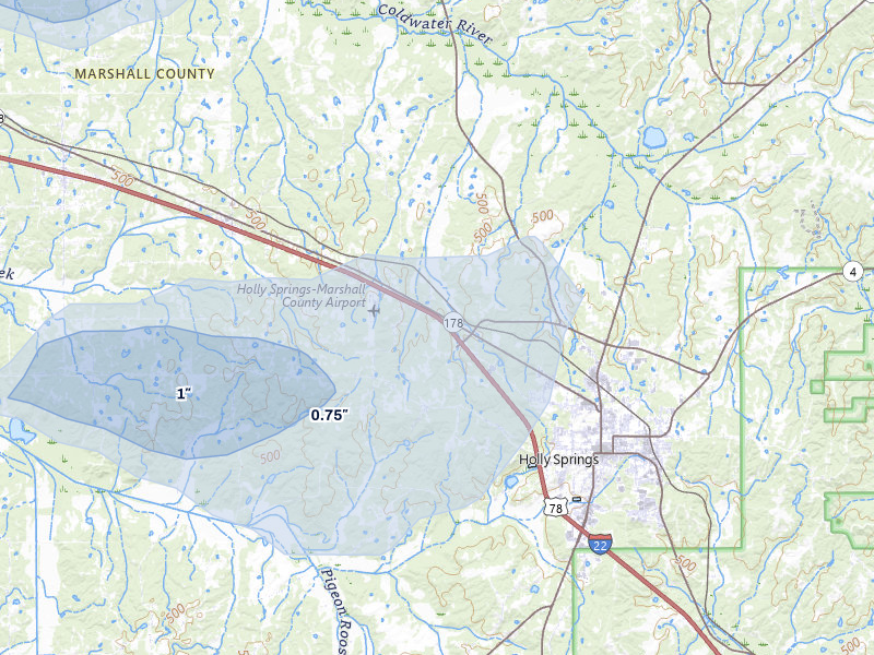NEXRAD radar-signature map of the hail storm over Holly Springs, MS on Aug 17, 2026