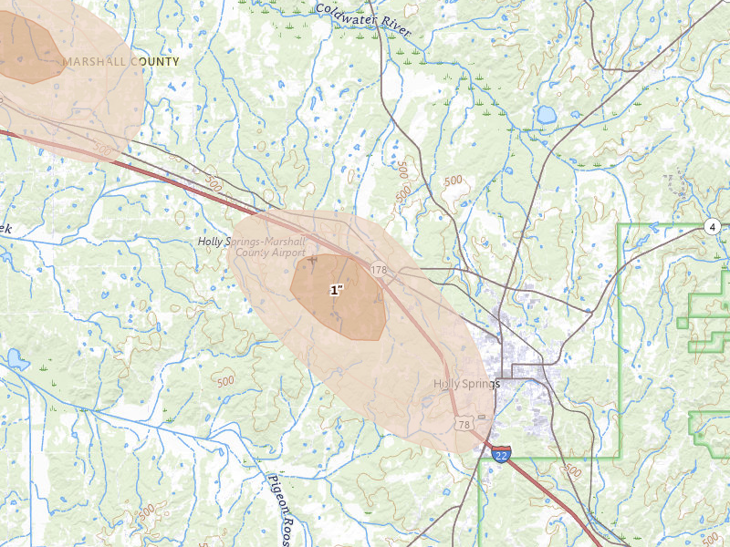 Radar-estimated hail-size map of the storm over Holly Springs, MS on Aug 26, 2026