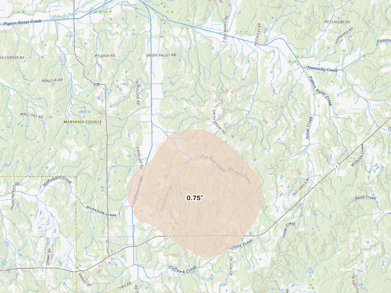 Radar-estimated hail-size map of the storm over Holly Springs, MS on Sep 11, 2026
