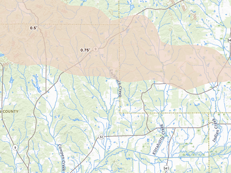 Radar-estimated hail-size map of the storm over Houlka, MS on Apr 27, 2026