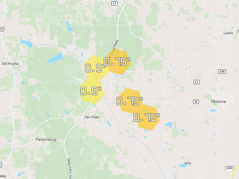 Hail map of Houlka, MS on Jun 1, 2026, hail up to 0.75"