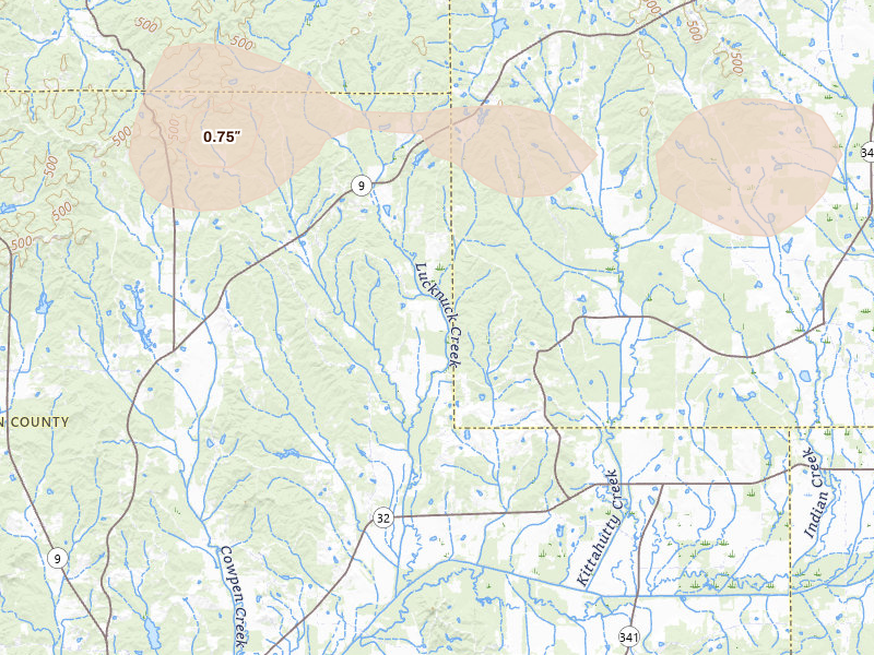 Radar-estimated hail-size map of the storm over Houlka, MS on Jul 31, 2026