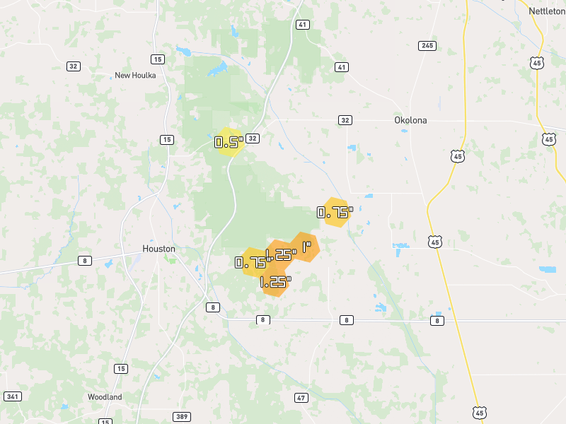Hail map of Houston, MS on Jul 1, 2026, hail up to 1.25"