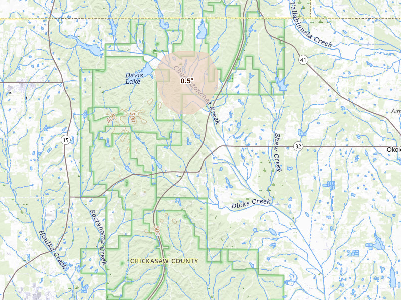 Radar-estimated hail-size map of the storm over Houston, MS on Jul 19, 2026
