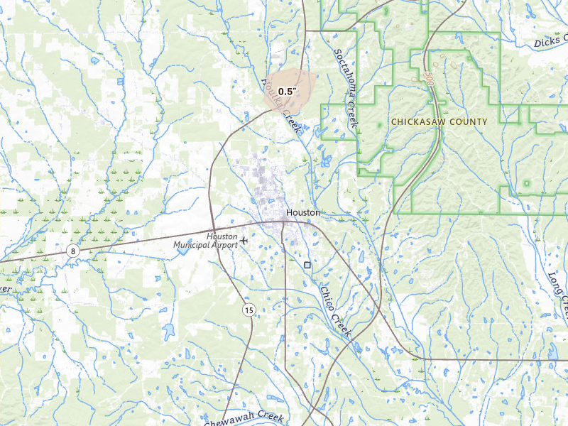 Radar-estimated hail-size map of the storm over Houston, MS on Aug 7, 2026