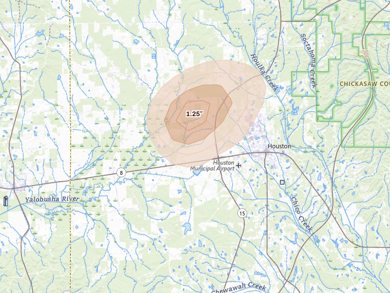 Radar-estimated hail-size map of the storm over Houston, MS on Aug 19, 2026
