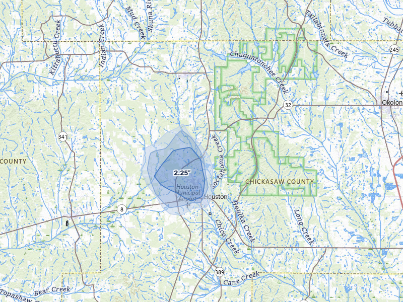 NEXRAD radar-signature map of the hail storm over Houston, MS on Aug 19, 2026