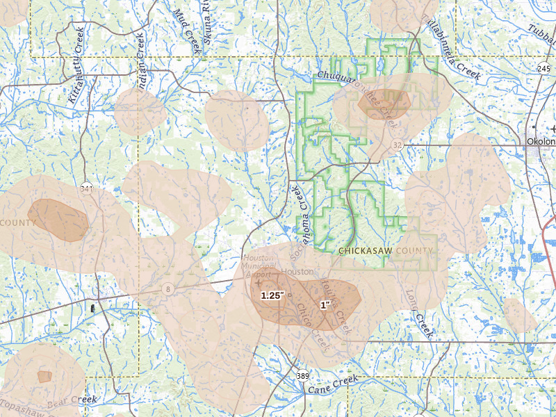 Radar-estimated hail-size map of the storm over Houston, MS on Aug 20, 2026
