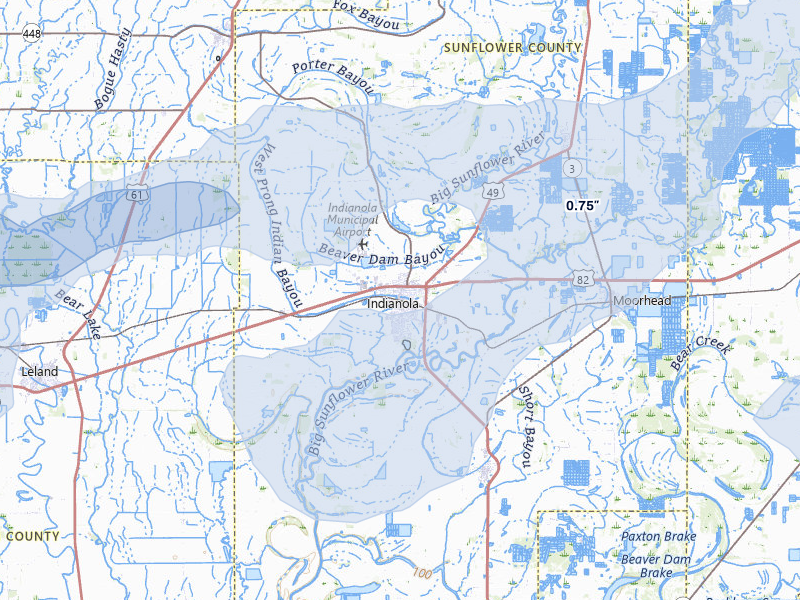 NEXRAD radar-signature map of the hail over Indianola, MS