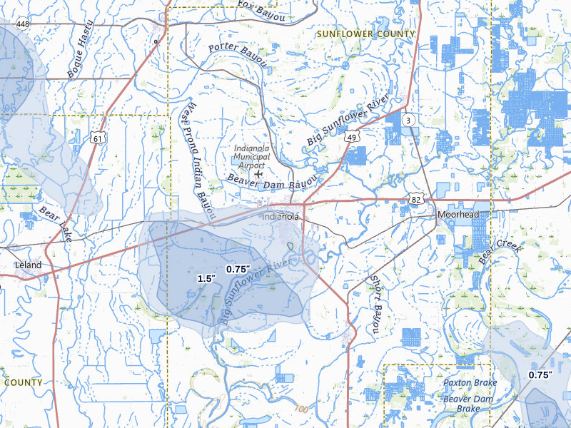 NEXRAD radar-signature map of the hail storm over Indianola, MS on Jun 1, 2026