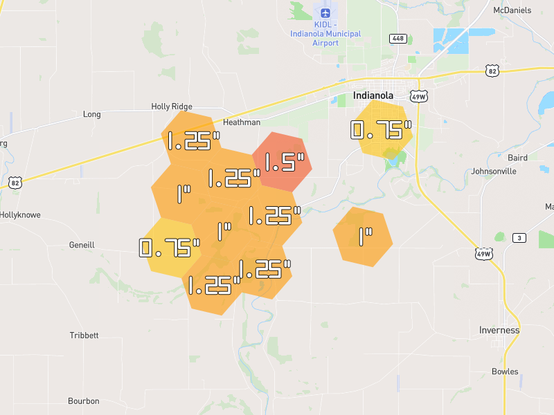 Hail map of Indianola, MS on Jun 2, 2026, hail up to 1.5"