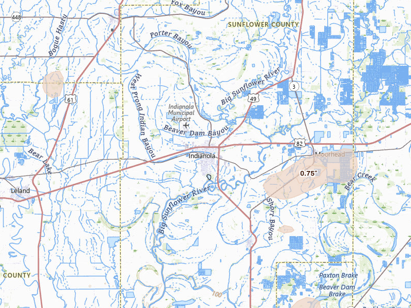 Radar-estimated hail-size map of the storm over Indianola, MS on Jul 1, 2026