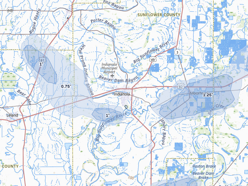 NEXRAD radar-signature map of the hail storm over Indianola, MS on Jul 1, 2026